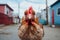 a close up of a chicken standing on a street