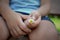 CLOSE UP CHILD HAND HOLDING A LITTLE DAISY FLOWER