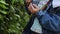 Close up of a child is hands are treating palms with an antiseptic.