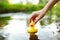 Close-up on childs hand playing by a river with rubber duck. Child having fun with water on warm summer day. Active family leisure