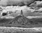 Close up of Chimney Rock on the Oregon Trail in black and white
