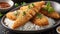 Close up of Chinese deep-fried dumplings with sweet and sour sauce