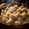 close-up Chinese dumplings in a wooden bowl. Delicious and authentic Asian gyoza steamed in a bamboo steamer