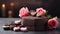 A close up of a chocolate box with roses and chocolates, AI