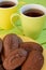 Close-up on chocolate madeleines Colorful mugs