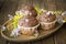 Close up of chocolate muffin cupcakes with blue spring flowers on dark wooden table
