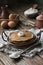 Close-up of chocolate pancakes with oranges on blue plate