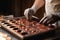 close-up of chocolatier& x27;s hands, blending ingredients and preparing mold for chocolate bar