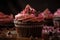 close-up of chocolaty cupcake, with pink frosting and sprinkles