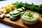 close up of a chopping board with cucumbers and hummus