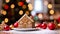 Close up of christmas cake, cookies, pastry gingerbread city with a blurred bokeh background