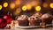 Close up of christmas cake, cookies, pastry gingerbread city with a blurred bokeh background