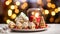 Close up of christmas cake, cookies, pastry gingerbread city with a blurred bokeh background