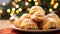 Close up of christmas cake, cookies, pastry gingerbread city with a blurred bokeh background