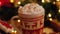 Close-up of a Christmas mug with cocoa with marshmallows and cinnamon