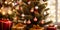 Close-up of a Christmas tree with festive ornaments and gifts. AI-generated image