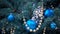 Close-up of a Christmas tree with rose gold and turquoise decorations balls, snowflakes, bows, beads on a blurry background