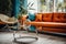 Close up of chrome coffee table near beige sofa and orange chair against window. Mid-century home interior design of living room