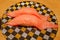 Close up of chutoro tuna sushi nigiri on plate in sushi belt japan