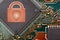 Close up circuit digital chip with lock logo. security technologies concept