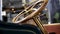 Close up of classic car details at the exhibition. Media. Retro cabriolet car and the golden steering mechanism with a