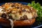 Close-up of a classic hamburger steak with melted blue cheese and sauteed mushrooms on a toasted bun