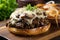 Close-up of a classic hamburger steak with melted blue cheese and sauteed mushrooms on a toasted bun