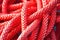 close-up of climbing knots on a vibrant red rope