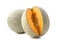 Close up, clipping path, cut out. Beautiful tasty sliced rock cantaloup melon isolated on white background