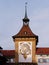 Close-up of the clock tower at the Brentor or Bern Gate in Switzerland.