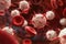 A close-up of a cluster of red and white blood cells flowing through a human bloodstream, Vivid, macro view of a group of white