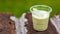 Close up of a coca yogurt served in a plastic glass with a mint leaf inside, over a brick in a blurred background