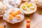 Close-up, Coconut rice cakes, Crisp on the outside and soft, Topped with a variety of toppings carrot and corn. One of the most