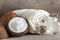 Close-up of Coconut, soft towels, coconut essence, coconut cream and seashells. Spa concept, beauty and health salon, cosmetics