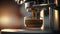 Close up coffee extraction or pouring espresso shot from coffee machine with sunset sky, copy space, brewing drinks, making