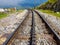 Close-up of cogwheel railway line. La rhune train