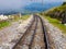 Close-up of cogwheel railway line. La rhune train