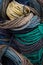 Close Up of Coils of Colorful Rope Stacked on Lobstering Dock