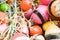 Close up of a collection of bright buoys.