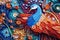 A close up of a colorful bird made of paper. Generative AI image.