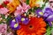 Close-up colorful bouquet of flowers. Red gerbera, pink chrysanthemum, blue irises, pink rose, orange Alstroemeria