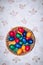 Close up of colorful Easter eggs in a basket. Happy Easter, Christian religious holiday.