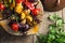 Close Up of Colorful Grilled Vegetable Bounty Tray on Wooden Pan