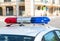 Close-up of the colorful lights on top of a police vehicle