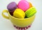 Close up of colorful macarons cakes