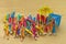 Close up colorful of many cocktail umbrellas on white wooden