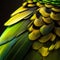Close up of colorful parrot feathers. Beautiful green and yellow background