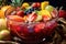 close-up of colorful punch in glass bowl with fruit garnish