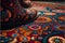 a close up of a colorful rug with a pair of boots on it\\\'s side and a person\\\'s foot on the rug