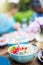 Close-up on a colorful salad in a bowl, Friends gather to share